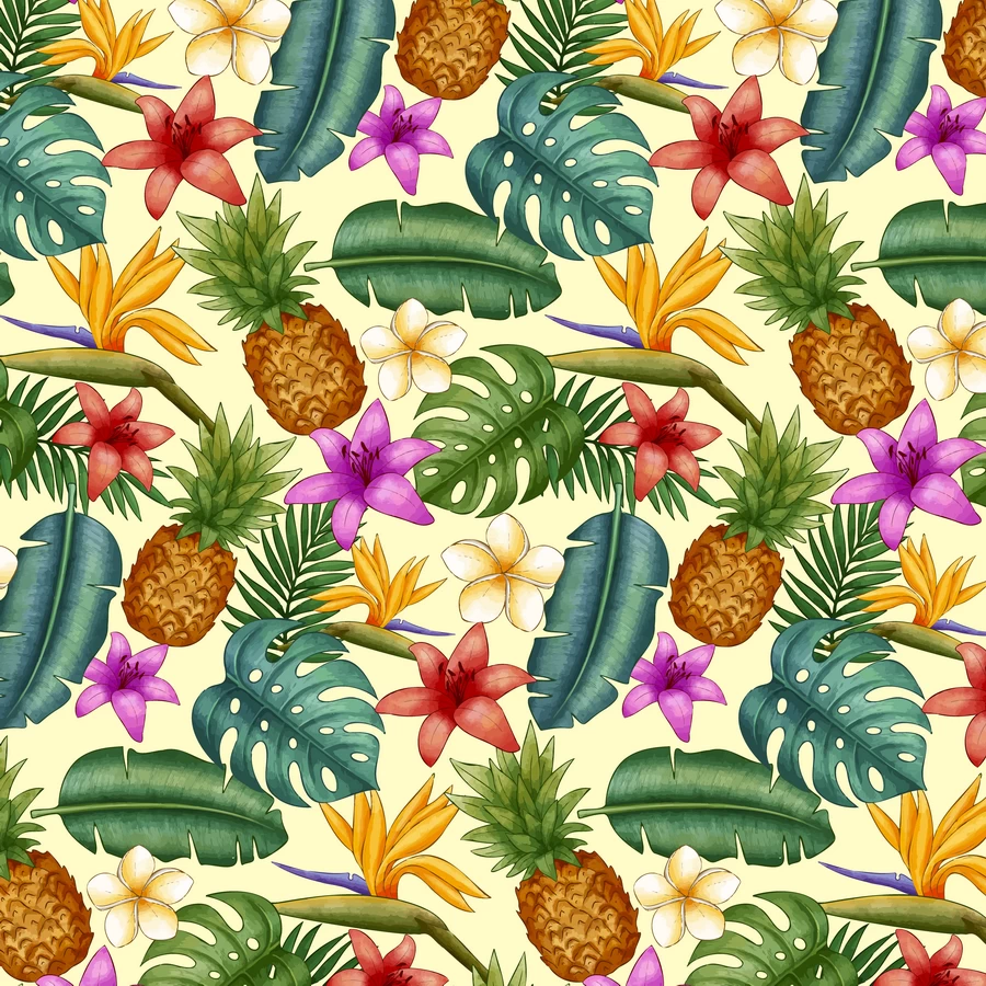 手绘水粉水果植物花朵树叶元素无缝背景图片插画AI矢量设计素材【017】
